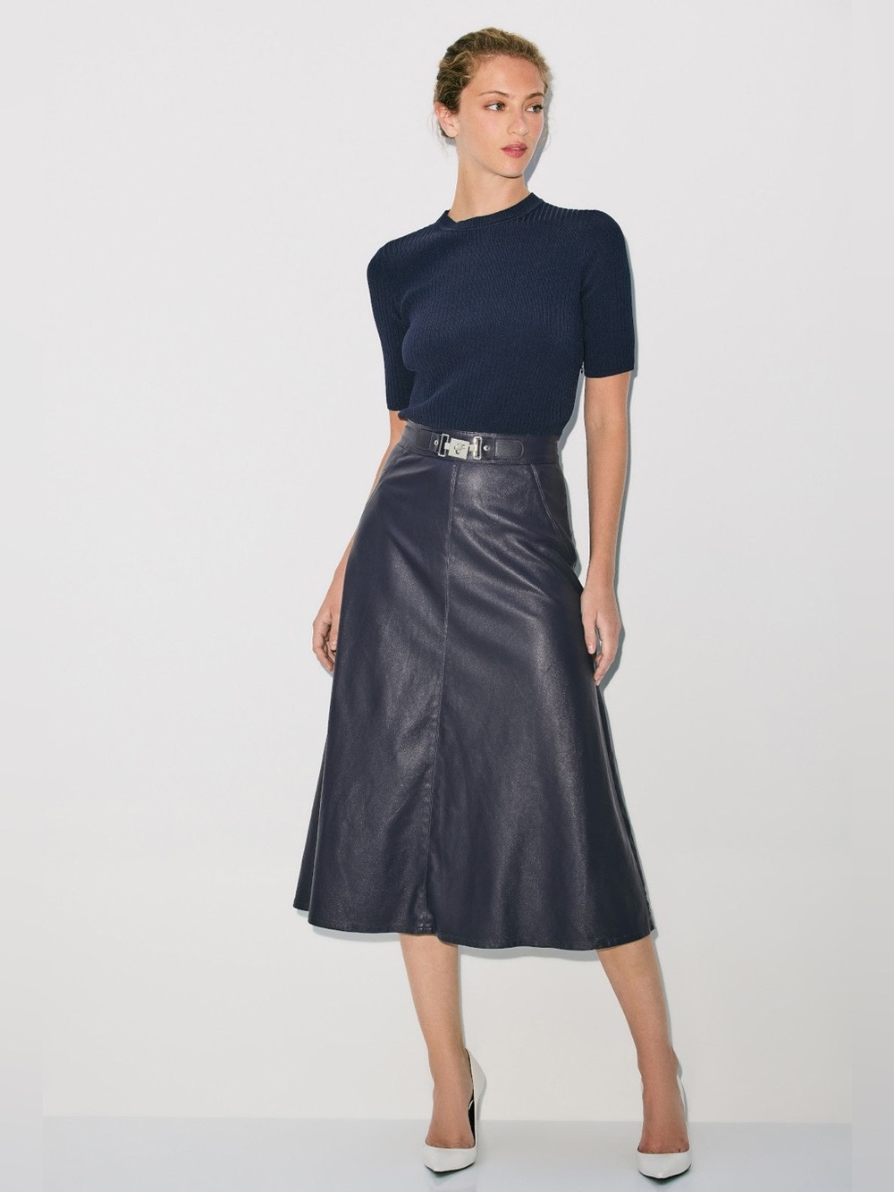 Navy Leather A-Line Midi Skirt - Women's